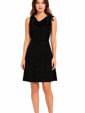 Talbots Velvet Gold Glitter Polka Dot Cocktail Dress with Cowl Neck and Bow Sz S